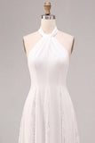 White Halter Neck A-Line Midi Engagement Dress with Lace