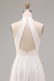 White Halter Neck A-Line Midi Engagement Dress with Lace
