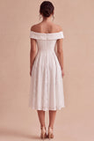 Off the Shoulder White A-Line Midi Engagement Dress with Lace
