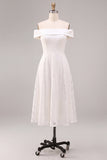 Off the Shoulder White A-Line Midi Engagement Dress with Lace