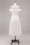 Off the Shoulder White A-Line Midi Engagement Dress with Lace