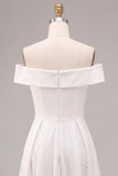 Off the Shoulder White A-Line Midi Engagement Dress with Lace