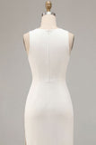 White Mermaid Round Neck Satin Long Engagement Dress with Slit