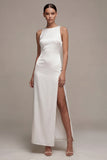 White Mermaid Round Neck Satin Long Engagement Dress with Slit