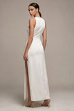White Mermaid Round Neck Satin Long Engagement Dress with Slit