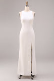 White Mermaid Round Neck Satin Long Engagement Dress with Slit