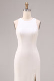 White Mermaid Round Neck Satin Long Engagement Dress with Slit