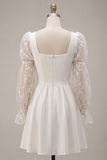 A-Line Square Neck Lace Little White Dress with Long Sleeves