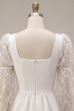 A-Line Square Neck Lace Little White Dress with Long Sleeves