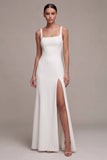 Mermaid White Square Neck Long Engagement Dress with Slit