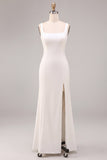 Mermaid White Square Neck Long Engagement Dress with Slit