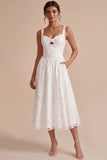 A-Line White Floral Thick Straps Keyhole Midi Engagement Dress
