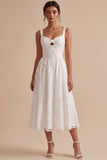 A-Line White Floral Thick Straps Keyhole Midi Engagement Dress