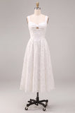 A-Line White Floral Thick Straps Keyhole Midi Engagement Dress