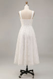 A-Line White Floral Thick Straps Keyhole Midi Engagement Dress