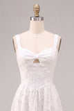 A-Line White Floral Thick Straps Keyhole Midi Engagement Dress