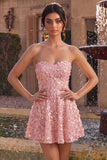 Pink A-Line Sweetheart Floral Short Homecoming Dress