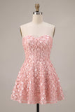 Pink A-Line Sweetheart Floral Short Homecoming Dress