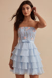 Sky Blue Strapless A-Line Tiered Floral Short Homecoming Dress