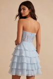 Sky Blue Strapless A-Line Tiered Floral Short Homecoming Dress