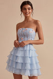 Sky Blue Strapless A-Line Tiered Floral Short Homecoming Dress