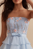 Sky Blue Strapless A-Line Tiered Floral Short Homecoming Dress