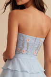 Sky Blue Strapless A-Line Tiered Floral Short Homecoming Dress
