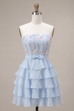 Sky Blue Strapless A-Line Tiered Floral Short Homecoming Dress