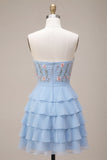 Sky Blue Strapless A-Line Tiered Floral Short Homecoming Dress