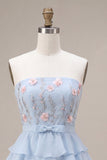 Sky Blue Strapless A-Line Tiered Floral Short Homecoming Dress