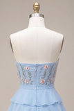 Sky Blue Strapless A-Line Tiered Floral Short Homecoming Dress