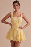 A-Line Light Yellow Square Neck Floral Short Homecoming Dress with Beading