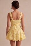 A-Line Light Yellow Square Neck Floral Short Homecoming Dress with Beading