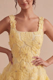 A-Line Light Yellow Square Neck Floral Short Homecoming Dress with Beading