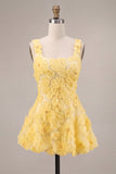A-Line Light Yellow Square Neck Floral Short Homecoming Dress with Beading