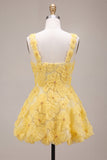 A-Line Light Yellow Square Neck Floral Short Homecoming Dress with Beading
