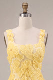 A-Line Light Yellow Square Neck Floral Short Homecoming Dress with Beading