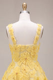 A-Line Light Yellow Square Neck Floral Short Homecoming Dress with Beading