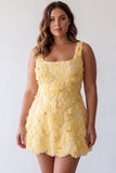 Light Yellow Square Neck A-Line Pearls Floral Plus Size Homecoming Dress with Beading