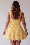 Light Yellow Square Neck A-Line Pearls Floral Plus Size Homecoming Dress with Beading