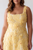 Light Yellow Square Neck A-Line Pearls Floral Plus Size Homecoming Dress with Beading