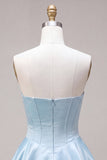 Strapless Sky Blue A-Line Tiered Corset Satin Short Homecoming Dress