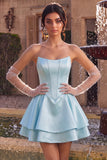 Strapless Sky Blue A-Line Tiered Corset Satin Short Homecoming Dress