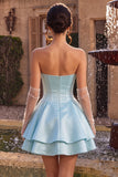 Strapless Sky Blue A-Line Tiered Corset Satin Short Homecoming Dress