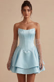 Strapless Sky Blue A-Line Tiered Corset Satin Short Homecoming Dress