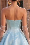 Strapless Sky Blue A-Line Tiered Corset Satin Short Homecoming Dress