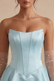 Strapless Sky Blue A-Line Tiered Corset Satin Short Homecoming Dress