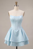 Strapless Sky Blue A-Line Tiered Corset Satin Short Homecoming Dress