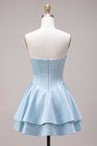 Strapless Sky Blue A-Line Tiered Corset Satin Short Homecoming Dress