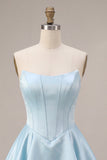 Strapless Sky Blue A-Line Tiered Corset Satin Short Homecoming Dress